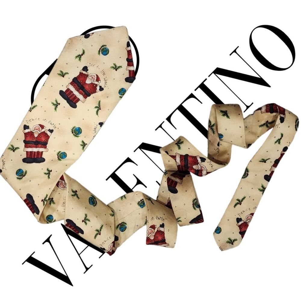 Valentino Santa Claus Christmas Novelty Tie Beige Holiday Necktie 100% Silk